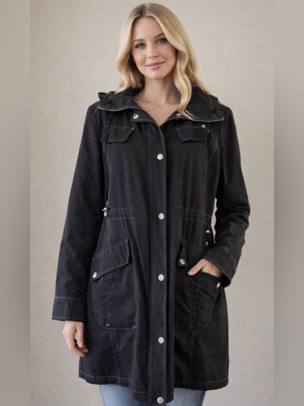 Y2K Guess Light Spring Coat 3/4 Length Black with Removable Hood